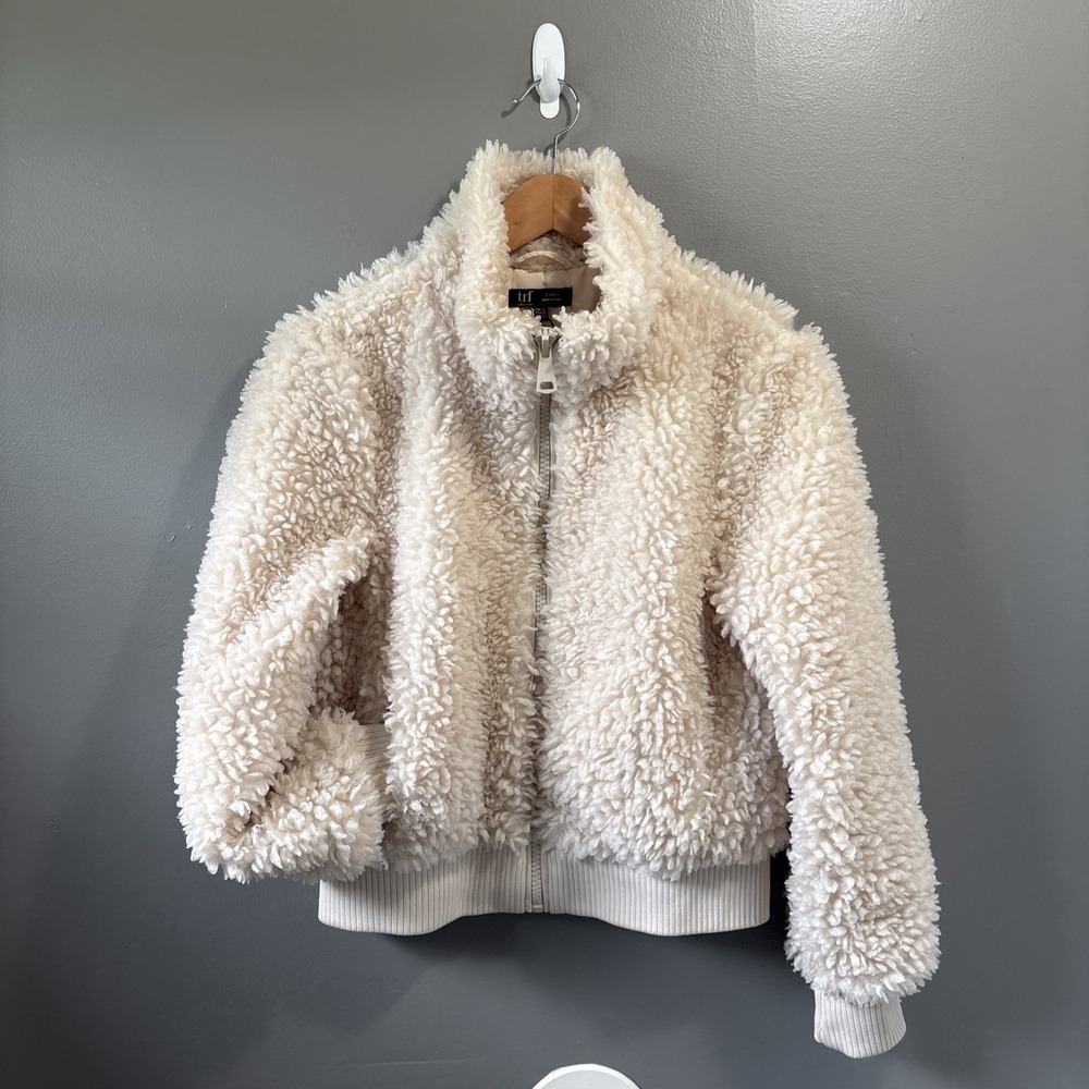 Zara Sherpa Fleece Full Zip Bomber Jacket Women Size XS Faux Shearling Teddy